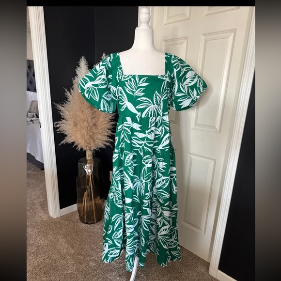 Meadow Rhodes Midi Dress Green & White Cotton Leaf Print Puff Sleeve 
size XL - Picture 8 of 12